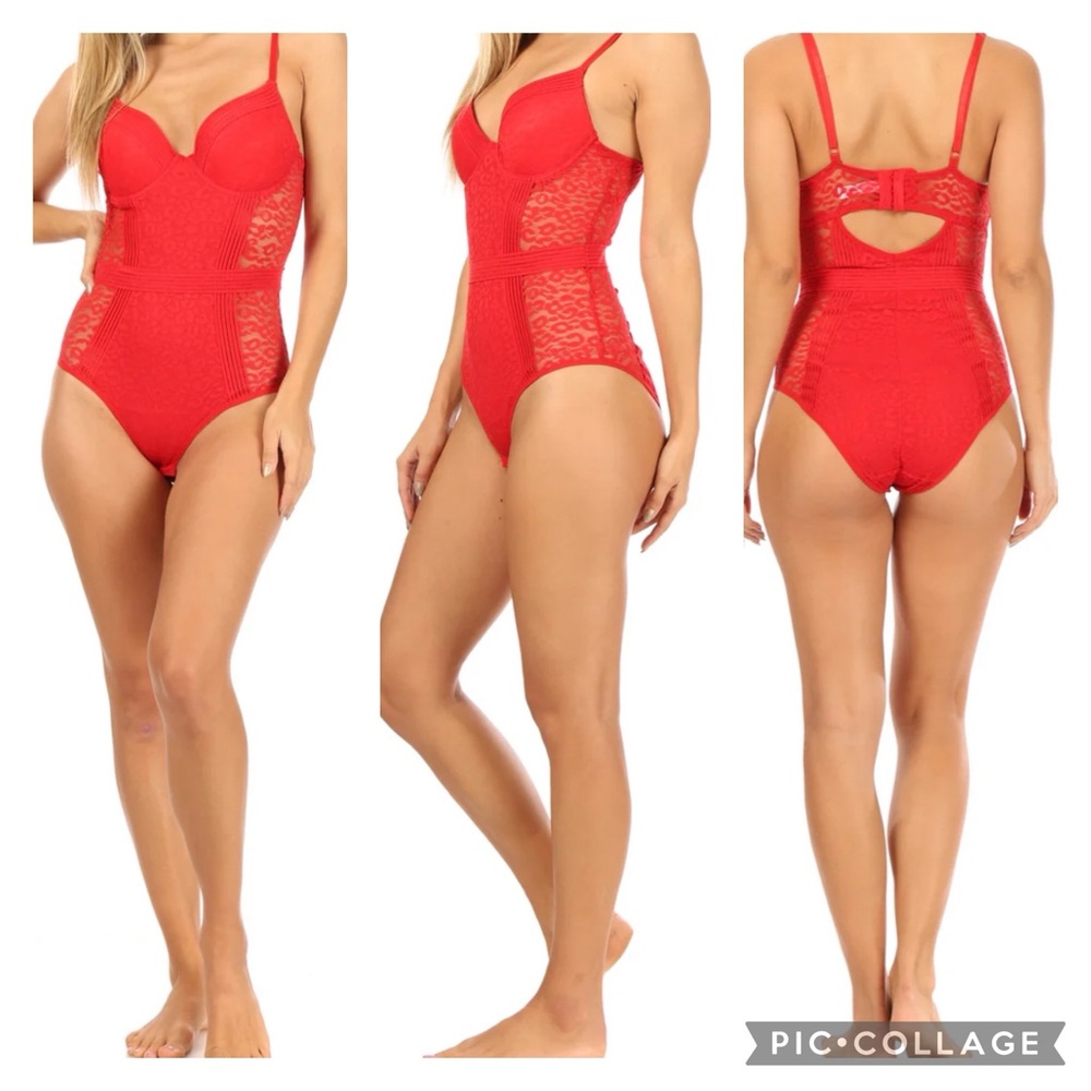 French Affair Sheer Mesh Patterned Bodysuit in “Red Ochre”